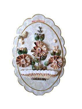 Philippines Capiz Shell Floral Wall Art Plaque Carved Bird Flowers Scalloped